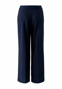 Navy wide-leg trousers with a stretchy waistband featuring embossed text. Made of a smooth fabric, designed for comfort and ease of movement.