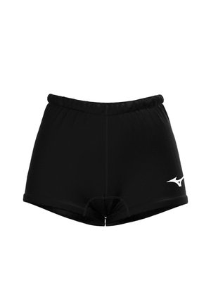 Schwarze Sportshorts mit elastischem Bund und kleinem weißen Logo auf der linken Seite, vor weißem Hintergrund dargestellt.