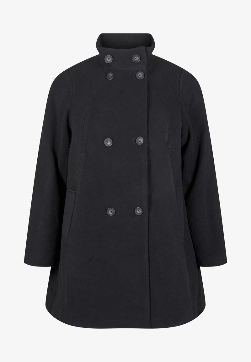 Čierny dvojradový kabát s vysokým golierom, s veľkými okrúhlymi gombíkmi, dlhými rukávmi a jemne rozšírenou siluetou. Mäkká textúra látky.