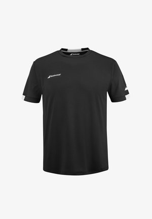 T-shirt nera a maniche corte realizzata in tessuto morbido. Presenta dettagli bianchi sulle maniche e il logo Babolat sul petto. Design con collo rotondo.