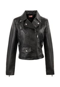 Giacca da moto in vera pelle nera con colletto a revers, cerniere argento e dettagli a bottone a pressione. Stile slim fit con due tasche frontali.