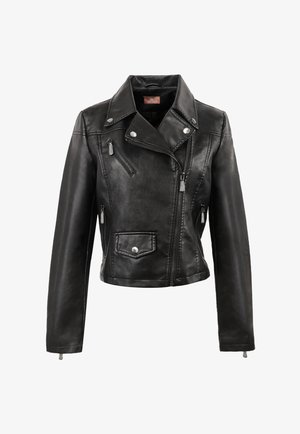 Giacca da moto in vera pelle nera con colletto a revers, cerniere argento e dettagli a bottone a pressione. Stile slim fit con due tasche frontali.