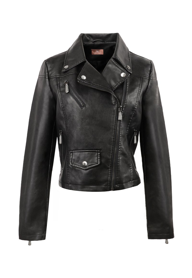 Giacca da moto in vera pelle nera con colletto a revers, cerniere argento e dettagli a bottone a pressione. Stile slim fit con due tasche frontali.