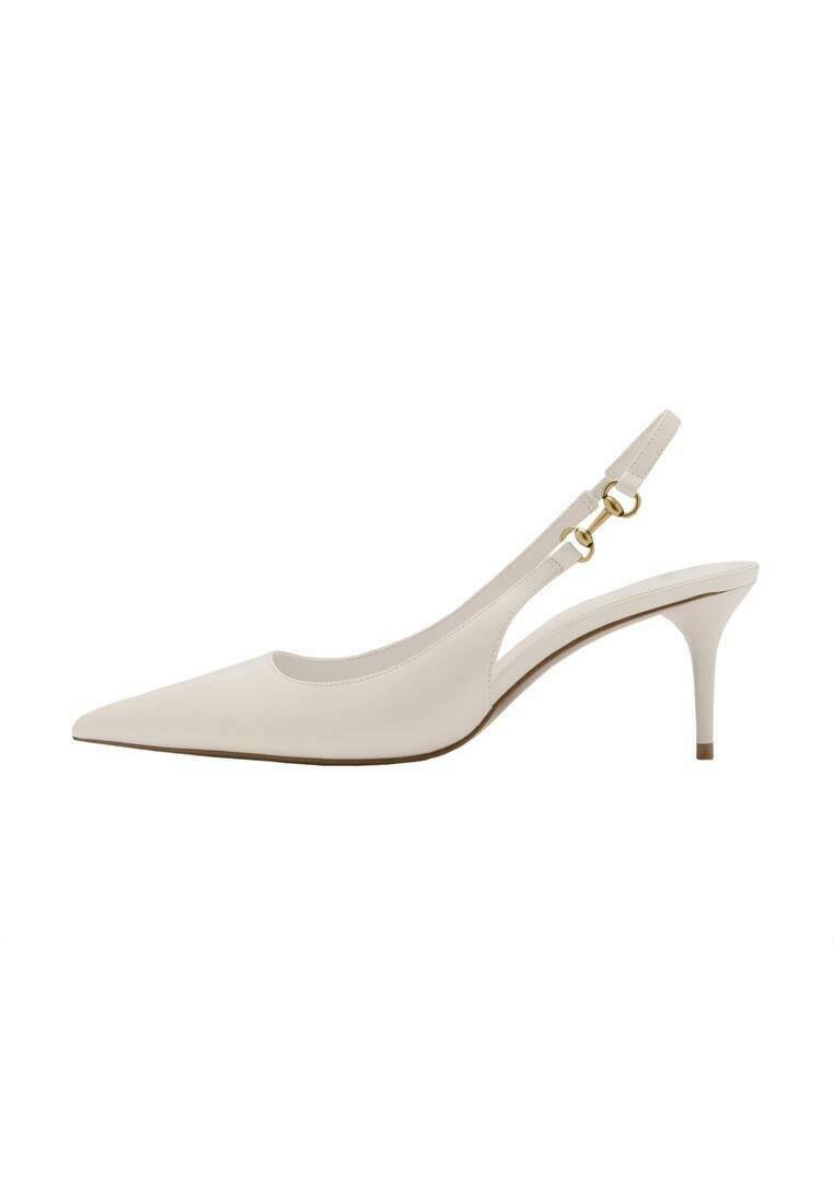 Beige leather slingback shoe with a pointed toe, thin heel, and gold hardware accents on the strap. Smooth texture throughout.