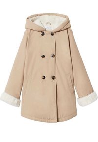 Beige péřová bunda s odnímatelnou kapucí, dvojími knoflíky a umělým kožešinovým lemováním a podšívkou. Dvě boční kapsy. Hladká textura látky.