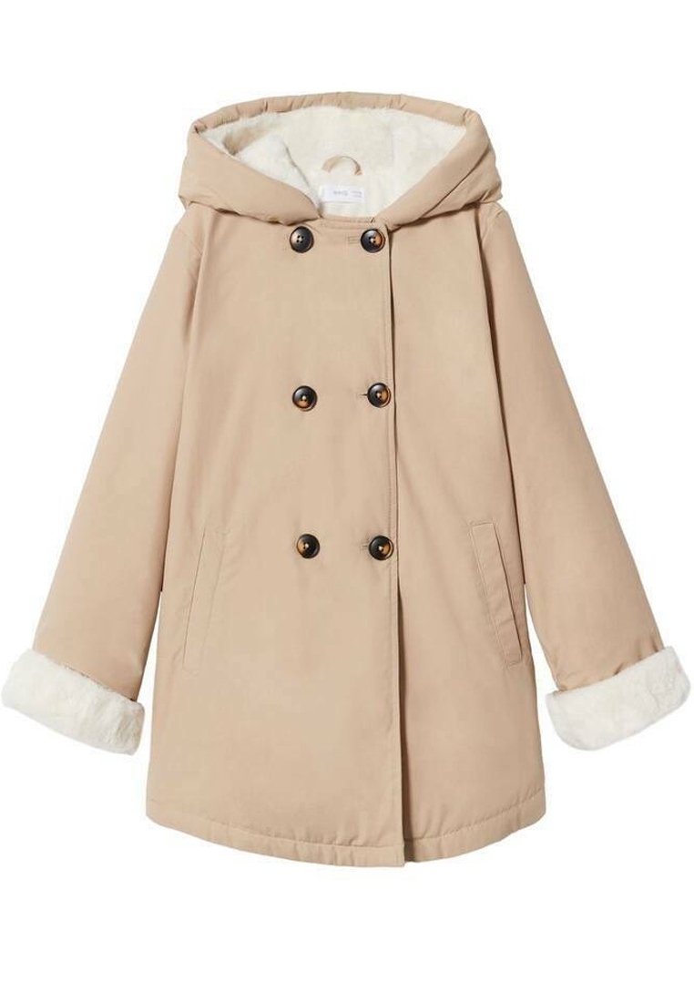 Beige péřová bunda s odnímatelnou kapucí, dvojími knoflíky a umělým kožešinovým lemováním a podšívkou. Dvě boční kapsy. Hladká textura látky.