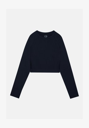 Námornícky krátky rukáv top s dlhým rukávom, ktorý má raglánové rukávy a okrúhly výstrih. Mäkka, hladká textúra s priedušnými sieťovinovými detailmi po stranách.