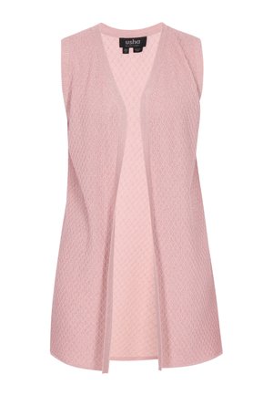 Ärmellose Strickweste in hellem Rosa mit offenem Vorderteil und strukturiertem Rautenmuster, Größe XS, Marke Usha Black Label.