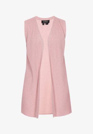 Ujjatlan, nyitott elejű, világos rózsaszín kötött mellény texturált gyémántmintával, XS méretjelzéssel, az Usha Black Label márkától.