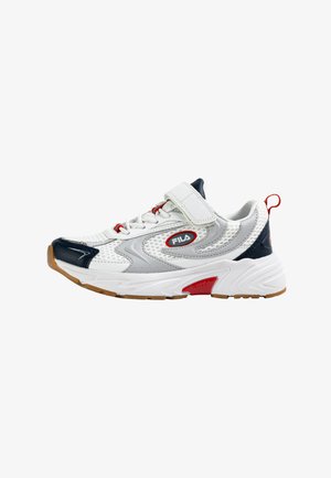 White sneaker with mesh and leather, features gray and navy accents, red detailing, and a Velcro strap. Rubber sole with textured pattern.