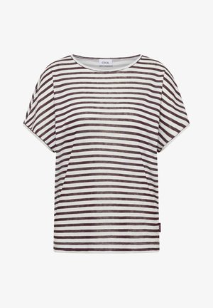 Maglietta bianca a maniche corte con righe orizzontali marrone scuro uniformemente distanziate e scollatura rotonda.