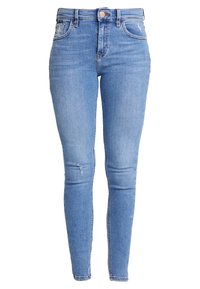 Světle modré skinny džíny vyrobené z denimu, s vysokým pasem, předním zapínáním na knoflík, mírným opotřebením a klasickým pětizásobným designem.
