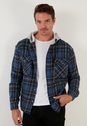 PLAID PATTERNED DOUBLE POCKET HOODED WINTER - Jas - navy blue