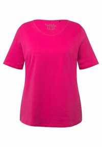 Fuchsia T-shirt met korte mouwen en V-hals, gemaakt van zachte katoen, met een relaxed fit en subtiele logo-detail bij de hals.
