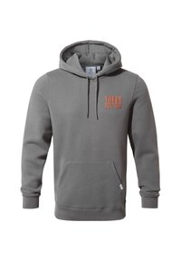 Gray hoodie with a front kangaroo pocket, drawstring hood, and "TOG24" branding in orange on the left chest. Soft fabric texture.