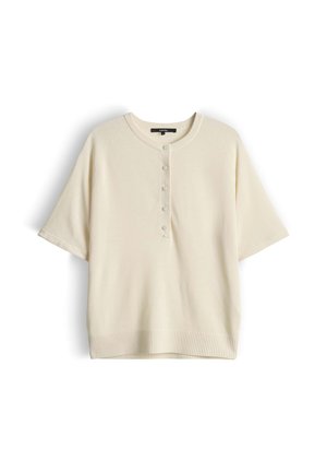 Roomwit gebreid shirt met korte mouwen, ronde hals en vijfknoopssluiting, geribde zoom en een losse pasvorm.