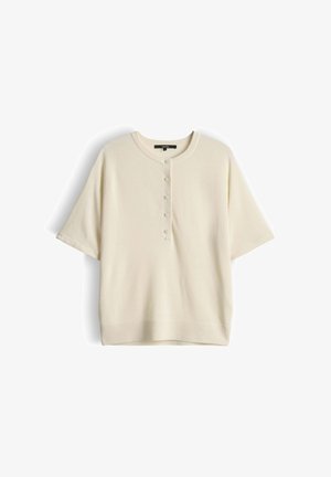 Kurzärmeliges Strickoberteil in Creme mit rundem Ausschnitt und Fünf-Knopf-Leiste, geripptem Saum und lockerem Sitz.