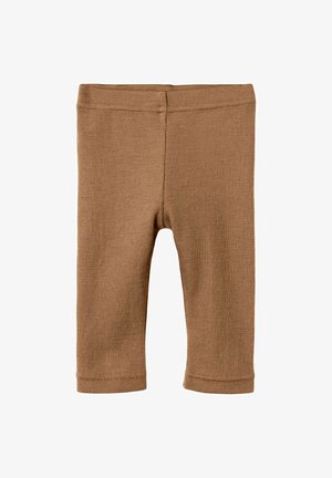 Leggings marroni a coste realizzati in morbido materiale, dotati di una vita elastica e di un design alla caviglia con cuciture.