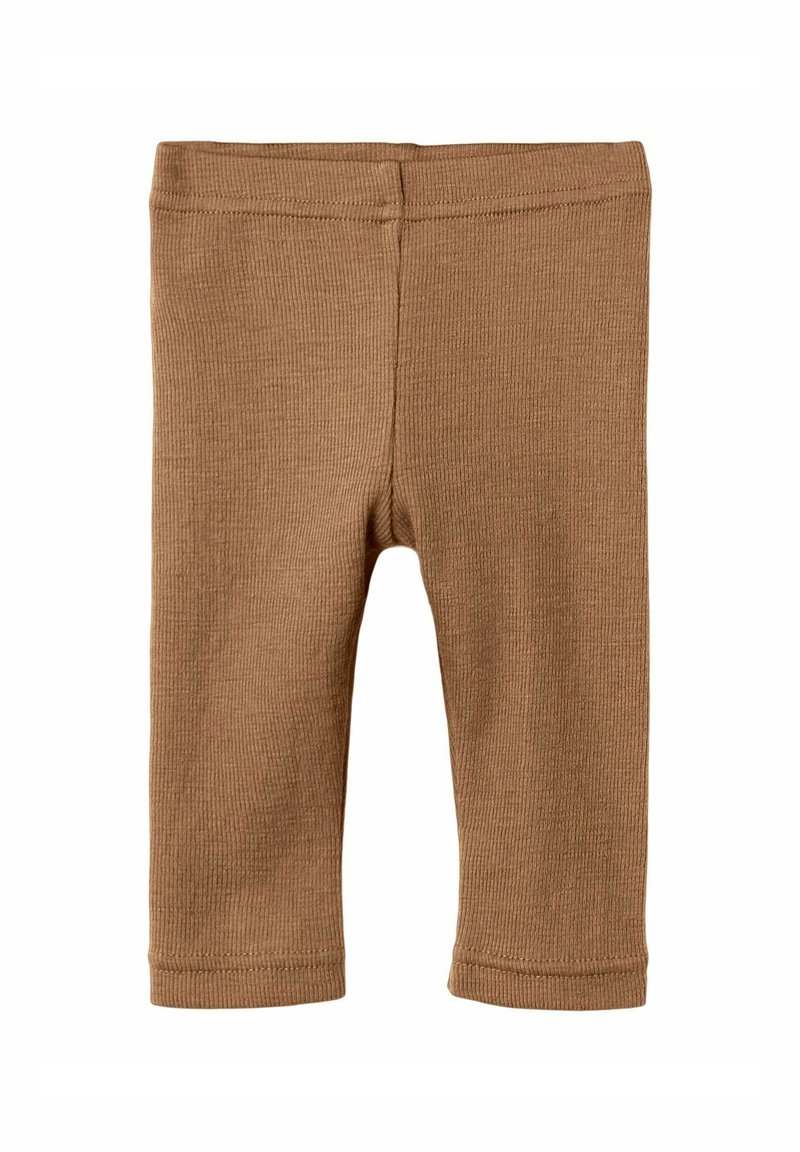 Leggings marroni a coste realizzati in morbido materiale, dotati di una vita elastica e di un design alla caviglia con cuciture.