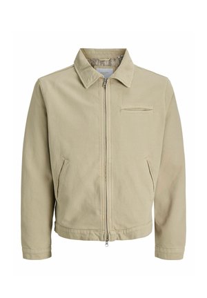 Veste décontractée beige à fermeture éclair avec col, deux poches latérales et une poche horizontale sur la poitrine, en tissu lisse.