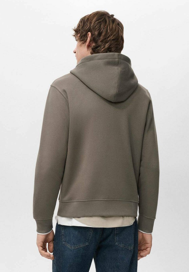 Hooded sweatshirt in muted green, made of soft cotton blend. Features ribbed cuffs and hem, with a relaxed fit and back seams visible.