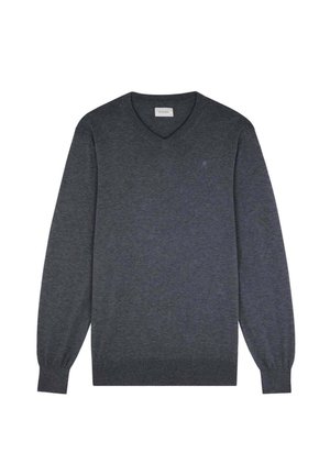 Suéter oscuro de manga larga con cuello en V, puños y dobladillo acanalados, con un pequeño logo bordado en el pecho izquierdo.