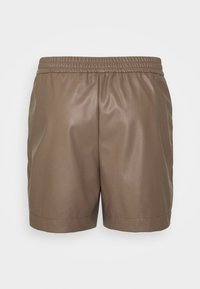Pantaloni corti marroni, leggeri, con una vita elastica, texture liscia e un design semplice. Presentano un orlo che si trova appena sopra il ginocchio.