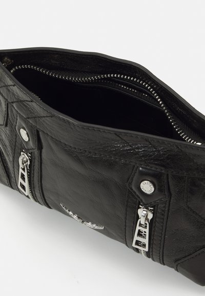 Black leather handbag with a quilted texture, featuring silver-tone hardware, double zipper closures, and a spacious interior.