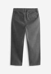 Pantaloni in denim grigio scuro con gamba dritta, dotati di due tasche posteriori e dettagli di cucitura discreti. Texture liscia con vestibilità comoda.