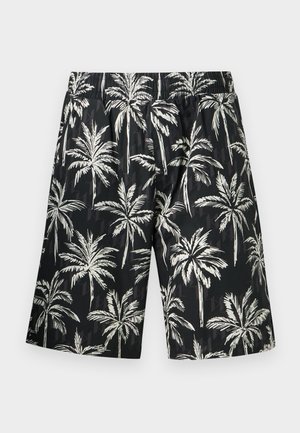 Sorte shorts med hvit palmeprint, elastisk midje, knelengde, avslappet stil.
