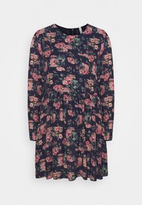 Kukkakuvioinen mekko, jossa pitkät hihat, laivastonsininen tausta, vaaleanpunaisia ja vihreitä kukkakuvioita, pyöreä kaula-aukko ja kerätty hameen yksityiskohta, takana vetoketjusuljenta.