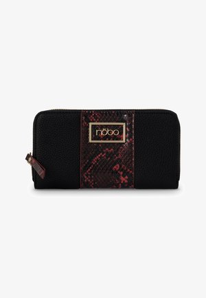 Black textured wallet with a red and black snake print panel, featuring a gold logo plaque and a zip closure. Smooth and embossed materials.