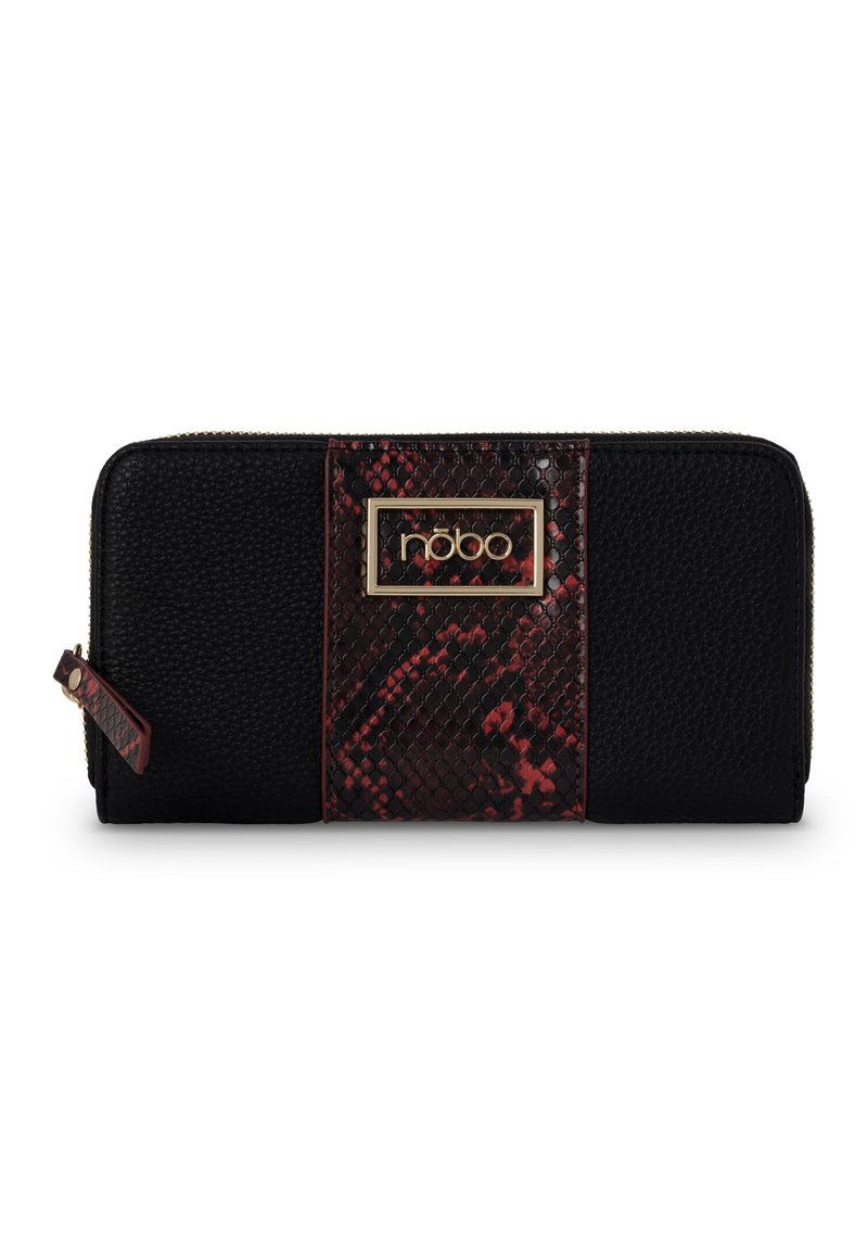 Portafoglio nero strutturato con un pannello in stampa serpente rossa e nera, dotato di una placca logo dorata e chiusura con zip. Materiali lisci ed impressi.