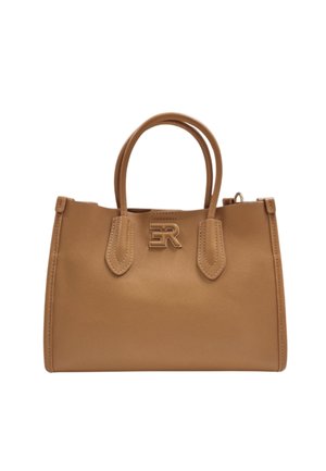 Borsa in pelle marrone chiaro con doppi manici superiori, texture liscia e un accento logo sul fronte. Presenta un design strutturato e uno stile minimalista.