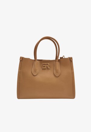 Borsa in pelle marrone chiaro con doppi manici superiori, texture liscia e un accento logo sul fronte. Presenta un design strutturato e uno stile minimalista.