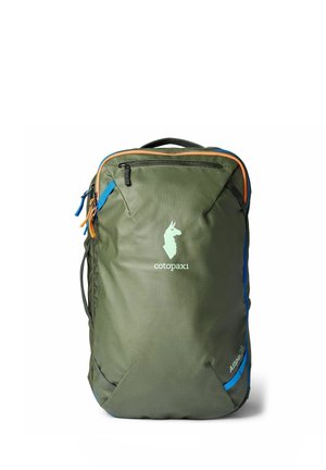 Green Cotopaxi Allpa 28 backpack with llama logo, multiple zippers, and blue and orange trim details.