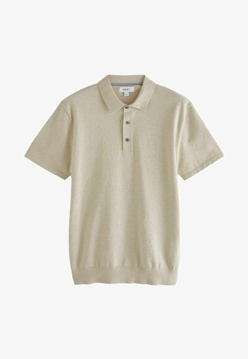 Bežová polo košile s krátkým rukávem vyrobená z měkké tkaniny. Má límeček, tři knoflíky a žebrovaný lem pro přiléhavý vzhled.