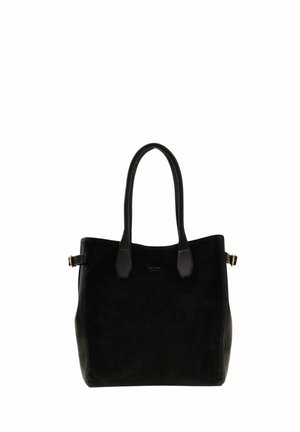 Sac cabas en cuir et daim noir avec double poignées et petits détails de boucles dorées sur les côtés.