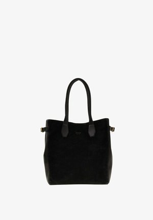 Sac cabas en cuir et daim noir avec double poignées et petits détails de boucles dorées sur les côtés.