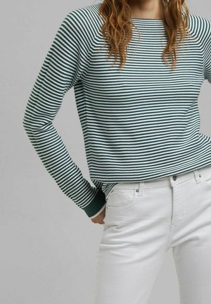 Osoba nosząca zielono-biały, poziomo paskowany longsleeve z turkusowymi mankietami i białe dżinsy, stojąca z jedną ręką w kieszeni.