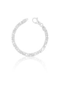 Silberne Kettenarmband mit ineinandergreifenden Gliedern und einem Karabinerverschluss. Polierte Oberfläche mit glatter Textur. Enthält eingravierte Details auf den Gliedern.