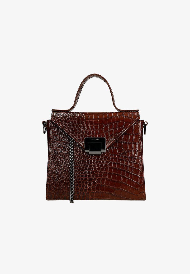 Brązowa torebka ze skóry z tłoczeniem w kształcie krokodyla, z zagiętym klapkiem, górnym uchwytem oraz srebrnym łańcuszkiem po boku. Zapięcie magnetyczne.