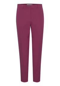 Violetti räätälöidyt housut suoraan leikkaukseen, joissa on sileä pinta, vyölenkit ja tasainen etuosa. Taskuja ei ole näkyvissä.