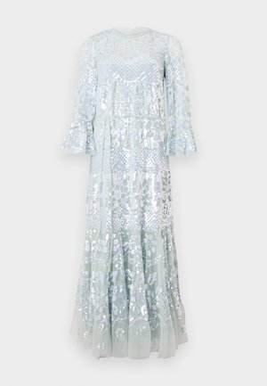 Long, light blue dress featuring intricate floral embroidery and sequins, with ruffled sleeves and a tiered skirt design.