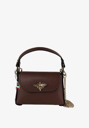 Small brown leather handbag with top handle, gold bee emblem on flap, small Italian flag charm, and gold chain strap.