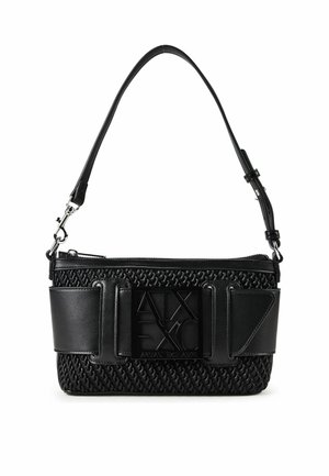 Kleine schwarze gewebte Handtasche mit breitem Ledergürtel und großer quadratischer Logoschnalle, verstellbarem Schulterriemen und oberem Reißverschluss.