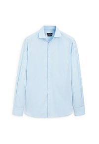 Hellblaues Langarmhemd aus glattem Material, mit klassischem Kragen, durchgehender Knopfleiste und taillierten Manschetten.