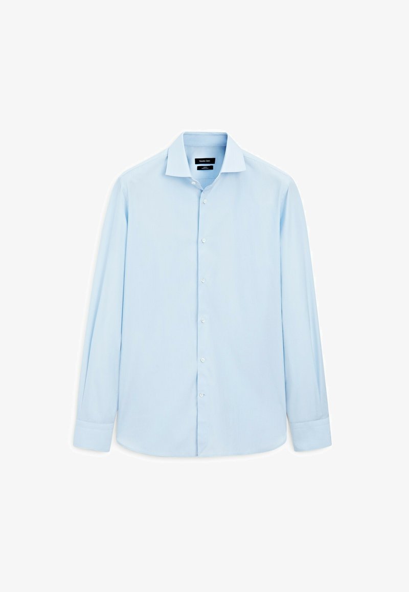 Light blue long-sleeve shirt made of smooth fabric, featuring a classic collar, button-down front, and tailored cuffs.
