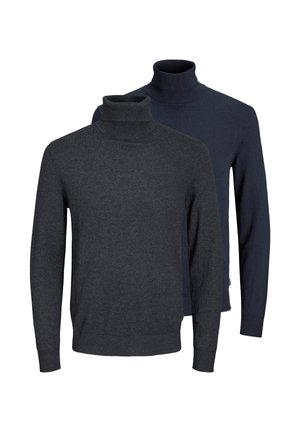 To mænds langærmede rullekrave sweaters i mørkegrå og marineblå, vist mod en hvid baggrund.