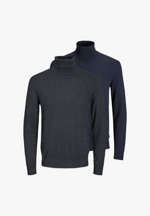 Zwei Herren-Rollkragenpullover mit langen Ärmeln in Dunkelgrau und Marineblau, vor einem weißen Hintergrund präsentiert.